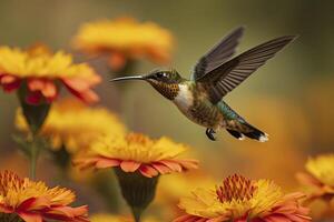 Humming bird hovering over colorful, pollen filled flowers photo