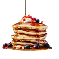 Fresh pancakes stack with berries and syrup on transparent background png