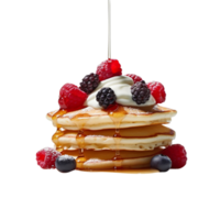 Fresh pancakes stack with berries and syrup on transparent background png