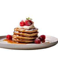 Fresh tasty pancakes with berries and syrup on transparent background png