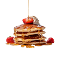 Fresh tasty pancakes with berries and syrup on transparent background png