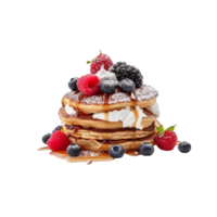 Fresh pancakes stack with berries and syrup on transparent background png