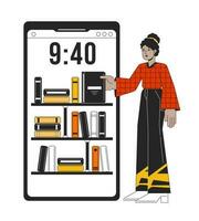 Online library flat line concept vector spot illustration. Student takes book from shelf 2D cartoon outline character on white for web UI design. Editable isolated colorful hero imageOnline library