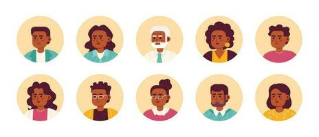 diversidad de afroamericano personas semi plano color vector personaje cabezas embalar. vistoso avatar iconos editable dibujos animados estilo emociones sencillo Mancha ilustración haz para web gráfico diseño