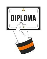 Hand holds diploma document flat line color isolated vector object. Certificate from college. Editable clip art image on white background. Simple outline cartoon spot illustration for web design