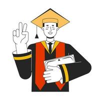 Graduate man in robe and academic cap flat line color vector character. Editable outline half body student show V sign on white. Education simple cartoon spot illustration for web graphic design