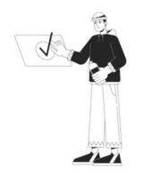 Man near check mark flat line black white vector character. Editable outline full body active person. Everyday activities simple cartoon isolated spot illustration for web graphic design