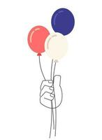 Red white and blue balloons holding monochromatic flat vector hand. Independence day america. Patriotism party. Editable line clip art on white. Simple bw cartoon spot image for web graphic design