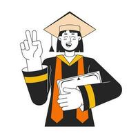 Student girl in robe and academic cap flat line color vector character. Editable outline half body student holds diploma on white. Education simple cartoon spot illustration for web graphic design