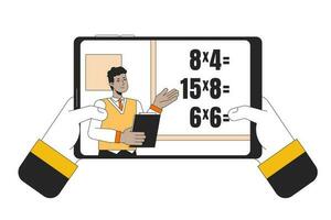 Online lesson on tablet flat line concept vector spot illustration. Teacher teaching math near blackboard 2D cartoon outline character on white for web UI design. Editable isolated colorful hero image