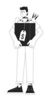 Unhappy man hold bag with purchases flat line black white vector character. Editable outline full body busy person with goods. Simple cartoon isolated spot illustration for web graphic design