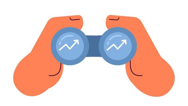 Looking on diagram through binoculars semi flat colour vector object. Hand hold binoculars. Editable cartoon clip art icon on white background. Simple spot illustration for web graphic design