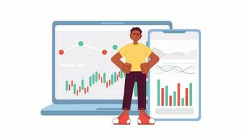 E-platforms for investor 2D animation. Stock exchange trader hands on hips 4K video motion graphic. Investment growth on laptop, mobile phone colorful animated cartoon flat concept, white background