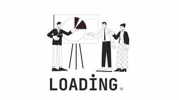 Brainstorming bw loader animation. Work meeting. Coworkers discuss charts graphs. Flash message 4K video. Isolated monochrome loading animation, alpha channel transparency for UI, UX web design video