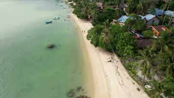 4k aereo fuco metraggio di gesso Baan kao baia spiaggia su KOH tao , con bianca sabbia spiaggia, cristallo chiaro acqua, palma alberi e Barche video