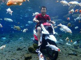 Klaten, Umbul ponggok, Indonesia, July 22, 2022,  a man taking a photo under clear water