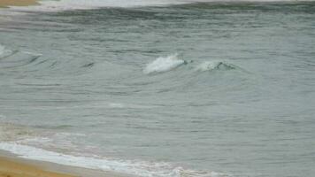 Sea wave rolls on the sandy shore and develops into foam. Relax concept. Background for travel advertising video