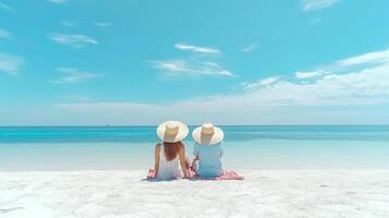 closeup of Couple relax on the beach under the palm tree on white sand and blue sea and blue clear sky. photo