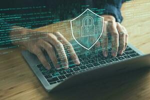 Data Security system concept, Business man use laptop with security icon screen, innovation technology, cloud computing, internet network communication photo