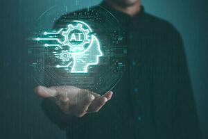 Digital information technology concept. Businessman touching AI artificial intelligence screen. photo