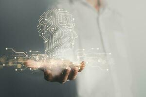 Business man and robot hand touch digital screen of AI icon artificial intelligence concept, big data, science, innovation technology, cloud computing, futuristic, internet network communication photo