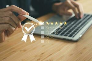 Business man point five stars survey rating icon for customer satisfaction scores. customer satisfaction concept. photo