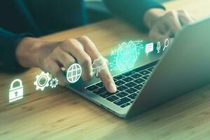 Digital information technology concept. Businessman and artificial intelligence icon on the screen. Chatbot and AI concept. photo