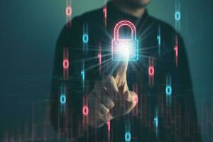 Data Security system concept, Business man use laptop with security icon screen, innovation technology, cloud computing, internet network communication photo