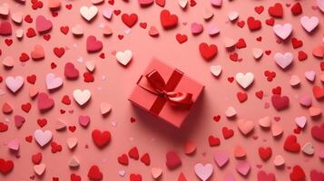 Valentine's Day red background with red hearts and pink hearts paper with gift box top view lay flat. photo