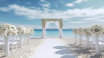 Decorated luxury wedding ceremony place at the beach white sand beautiful sea and sky with White empty chairs and arch decorated with flowers. photo