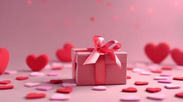 Valentine's Day pink background with red hearts and pink hearts paper with gift box. photo