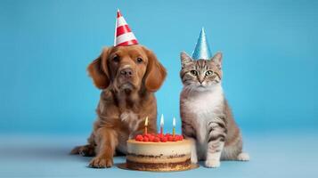 gato y perro vistiendo cumpleaños sombrero sonriente con cumpleaños pastel en mesa. generativo ai foto