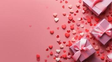 Valentine's Day red background with red hearts and pink hearts paper with gift box top view lay flat. photo