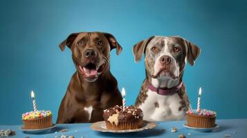 gato y perro vistiendo cumpleaños sombrero sonriente con cumpleaños pastel en mesa. generativo ai foto