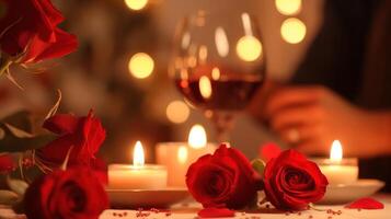 blur of Couple at a candle light dinner date holding hands with focus on bouquet of red roses on table. photo