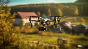 Drone flying on farming to inspection and scanning the area for monitoring. Smart farming and researching technology concept... photo