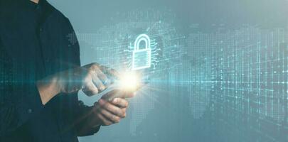 Data Security system concept, Business man use mobile phone with security icon screen, innovation technology, cloud computing, internet network communication photo