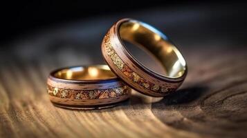 Pair wedding rings on wood with small flowers. photo