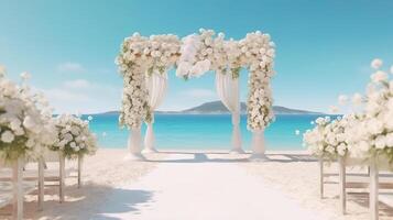 Decorated luxury wedding ceremony place at the beach white sand beautiful sea and sky with White empty chairs and arch decorated with flowers. photo