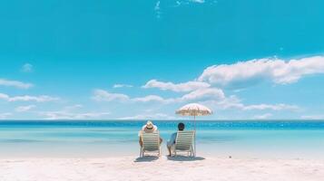 closeup of Couple relax on the beach under the palm tree on white sand and blue sea and blue clear sky. photo