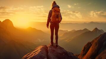 Success woman hiker hiking on sunrise mountain peak. photo
