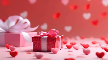 Valentine's Day pink background with red hearts and pink hearts paper with gift box. photo