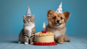 gato y perro vistiendo cumpleaños sombrero sonriente con cumpleaños pastel en mesa. generativo ai foto