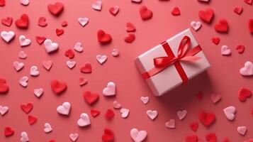 Valentine's Day red background with red hearts and pink hearts paper with gift box top view lay flat. photo