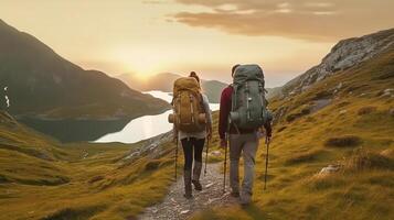 young couple bagpacker hiking through the mountains to the sea with green grass of the morning view. photo