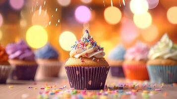 birthday cupcakes with blur background colorful balloons. photo