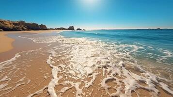 un romántico playa con soleado azul cielo en estándar estilo. generativo ai foto