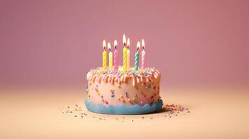 Birthday cake decorated with colorful sprinkles and ten candles on light pink background with space copy text or logo. photo