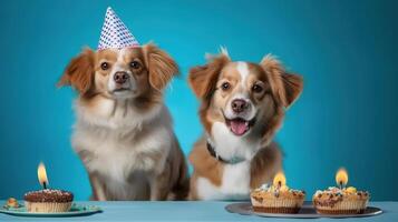 gato y perro vistiendo cumpleaños sombrero sonriente con cumpleaños pastel en mesa. generativo ai foto