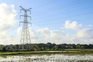 High voltage power line and paddy field with blue sky background. photo